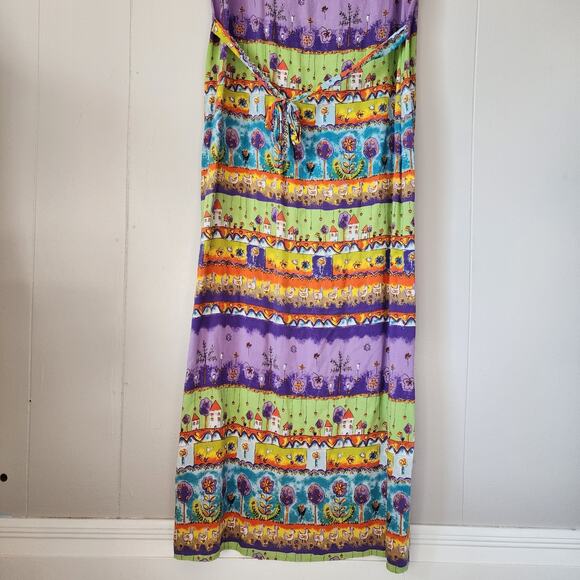 Vintage 90s Farm Cottage Cactus Flower Chicken Dress Maxi XL Purple Green - Picture 9 of 9